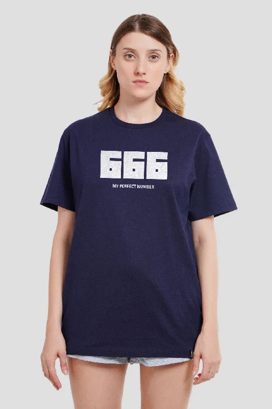 666 Navy Blue Boyfriend Fit T-Shirt Women Print Jacquard Patchwork