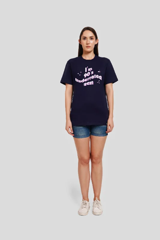 90's Gem Navy Blue Printed T-Shirt Ribbed T-Shirt High Neck Heavyweight