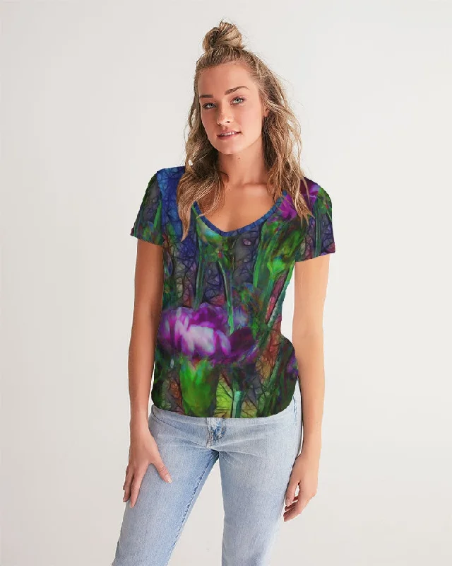 Abstract Pink Carnations Women's V-Neck Tee Polka Dot Checkered Tartan
