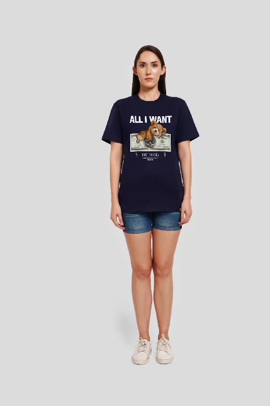 All I Want Navy Blue Printed T-Shirt Collared Crew Neck Turtle Neck
