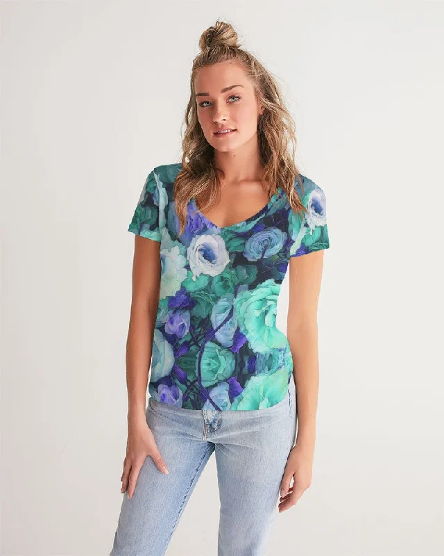 Aqua Flowers Women's V-Neck Tee Collared T-Shirt Boat Neck A-Line