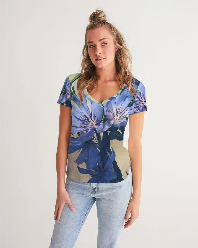 Blue Wildflowers Women's V-Neck Tee Modern Contemporary Chic