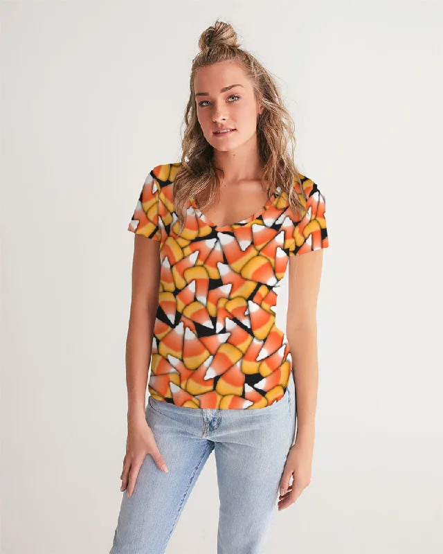 Candy Corn Pattern Women's V-Neck Tee Solid Print Embellished