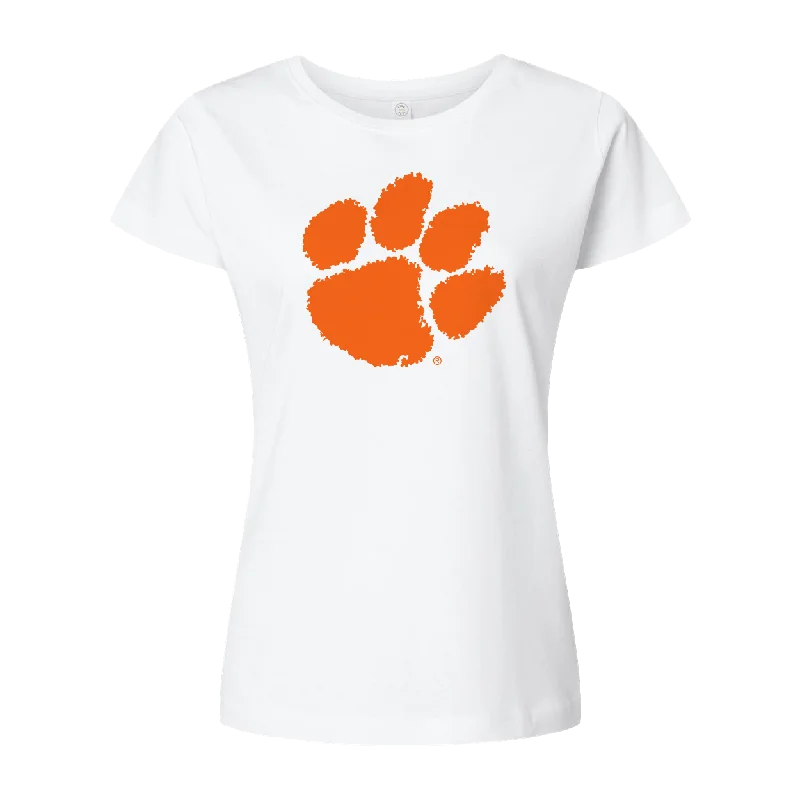 Classic Clemson Orange Paw Tee | LAT - Ladies Fit - White Polka Dot Checkered Tartan