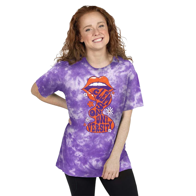 Clemson Purple and White Tie-Dye Tee with Clemson University Rock Design Jersey Fabric Tulle Fabric Batik Fabric