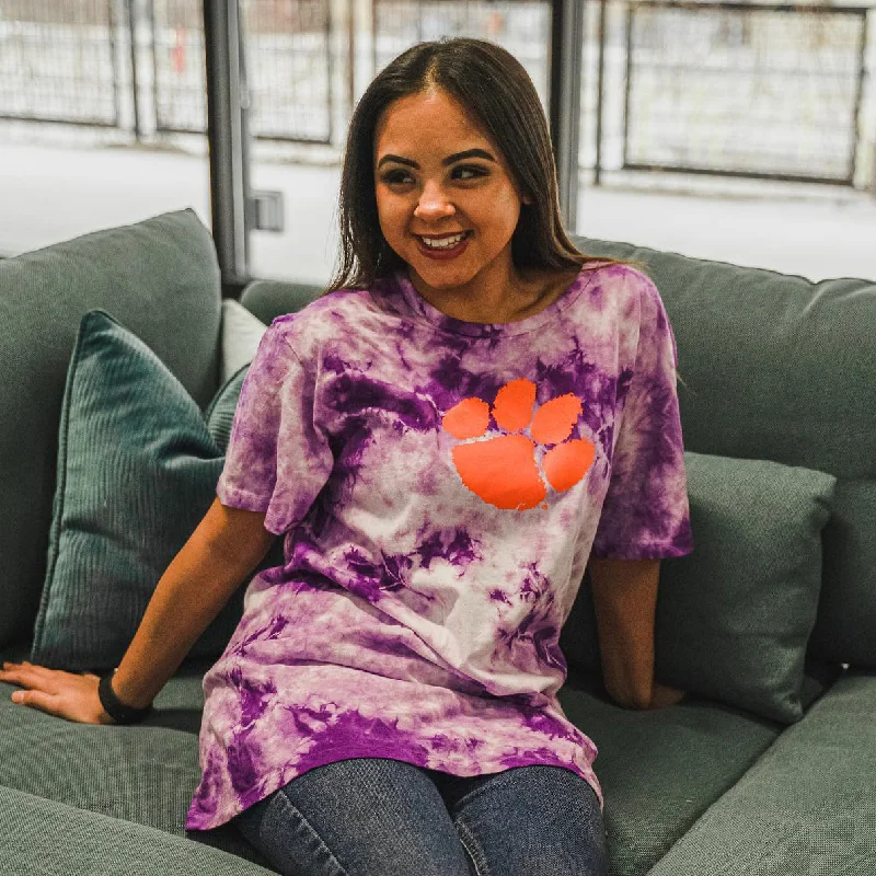 Clemson Purple and White Tie-Dye Tee with Paw Welt Pockets Slit Pockets Flap Pockets