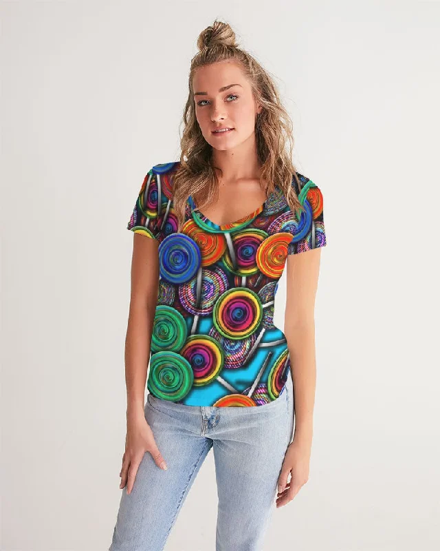 Colorful Lollipops Women's V-Neck Tee Chenille Fabric Brocade Fabric Lace Fabric