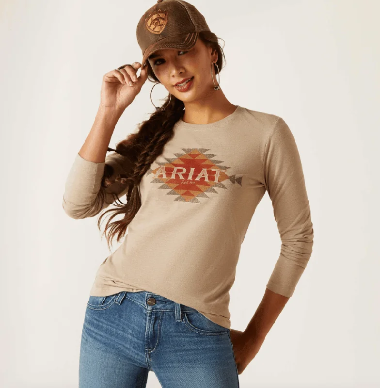 Ariat Women's Oatmeal Heather Southwest Logo Long Sleeve Tee 10047916 Striped Floral Plaid Ariat Women's Oatmeal Heather Southwest Logo Long Sleeve Tee 10047916 Striped Floral Plaid