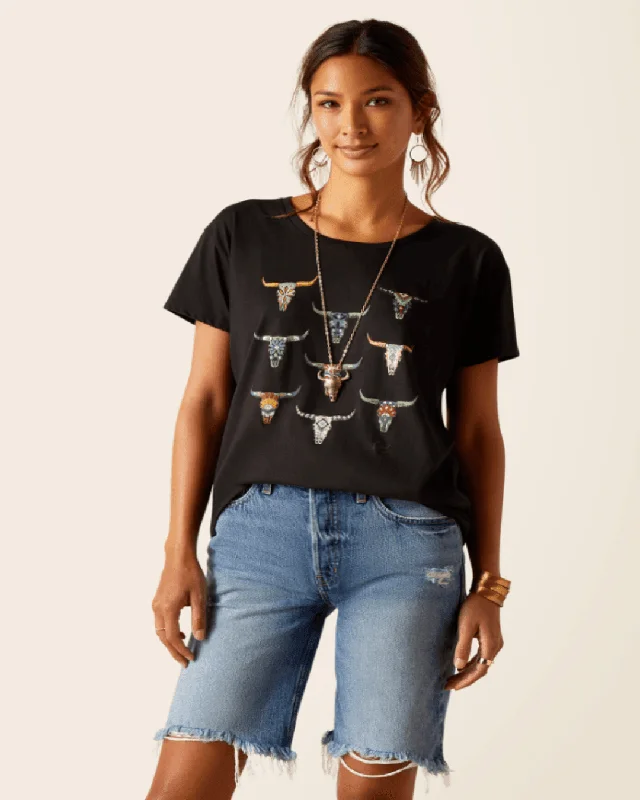 Ariat Women's Black Deco Skull Tee 10051441 Basic T-Shirt Crew Neck Short Sleeve