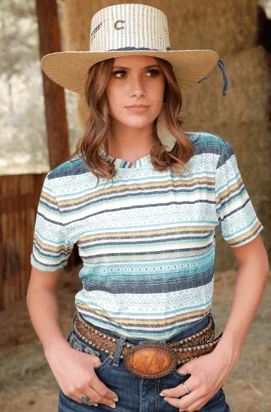 Cruel Denim Women's Teal Stripe Tee CTT450001 Machine Wash Dry Clean Hand Wash