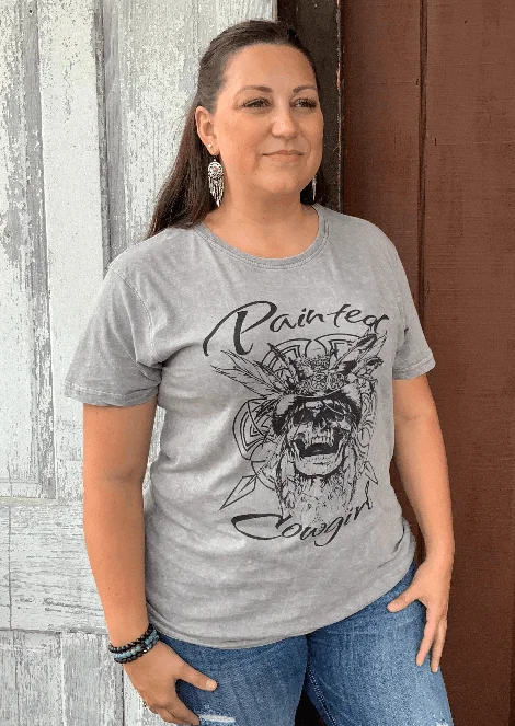 Painted Cowgirl Native Skull Distressed Ash Grey Tee PCNST-1 Front Pockets Side Pockets Patch Pockets Painted Cowgirl Native Skull Distressed Ash Grey Tee PCNST-1 Front Pockets Side Pockets Patch Pockets