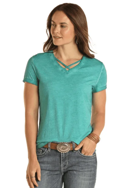 Panhandle Women's Bright Turquoise Criss Cross Neck Tee WLWT21R1DR Terry Blend Velvet Blend Canvas Blend