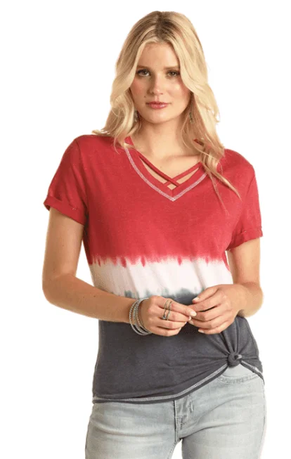 Panhandle Women's Red Multi Tie-Dye Tee WLWT21R1CW Beaded Sequined Faux Fur