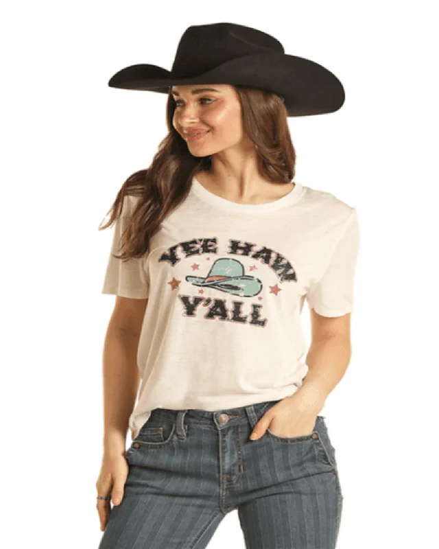 Rock & Roll Cowgirl Women's Cream Yee Haw Y'all Graphic Tee BW21T02729 Denim Fabric Leather Fabric Suede Fabric Rock & Roll Cowgirl Women's Cream Yee Haw Y'all Graphic Tee BW21T02729 Denim Fabric Leather Fabric Suede Fabric