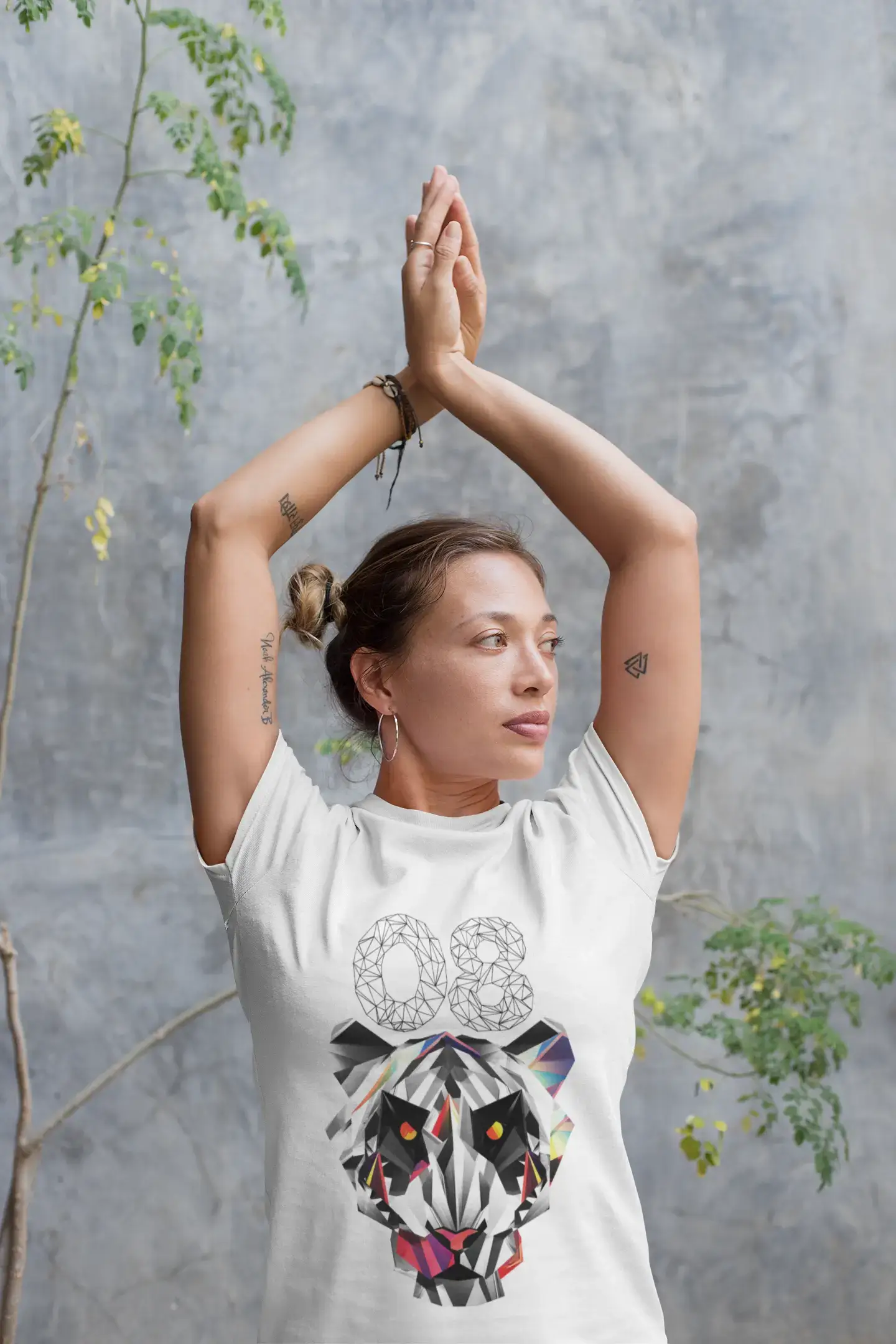 Geometric Tiger Number 08, white, Women's Short Sleeve Round Neck T-shirt 00283 Casual Formal Business