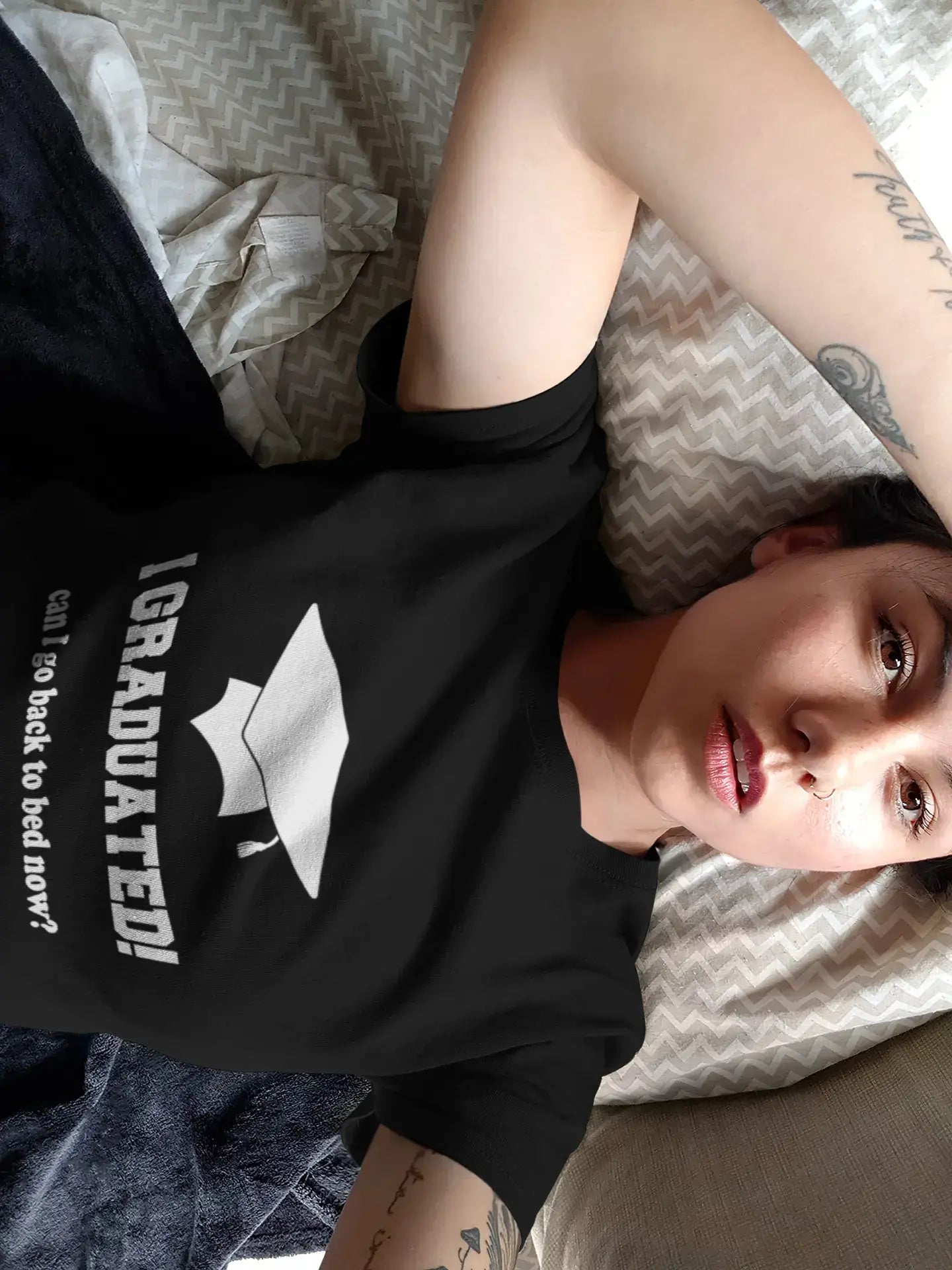 I Graduated! Can I go back to bed now Black, Gift Tshirt, Black Women's T-shirt 00206 Cozy Warm Stylish I Graduated! Can I go back to bed now Black, Gift Tshirt, Black Women's T-shirt 00206 Cozy Warm Stylish