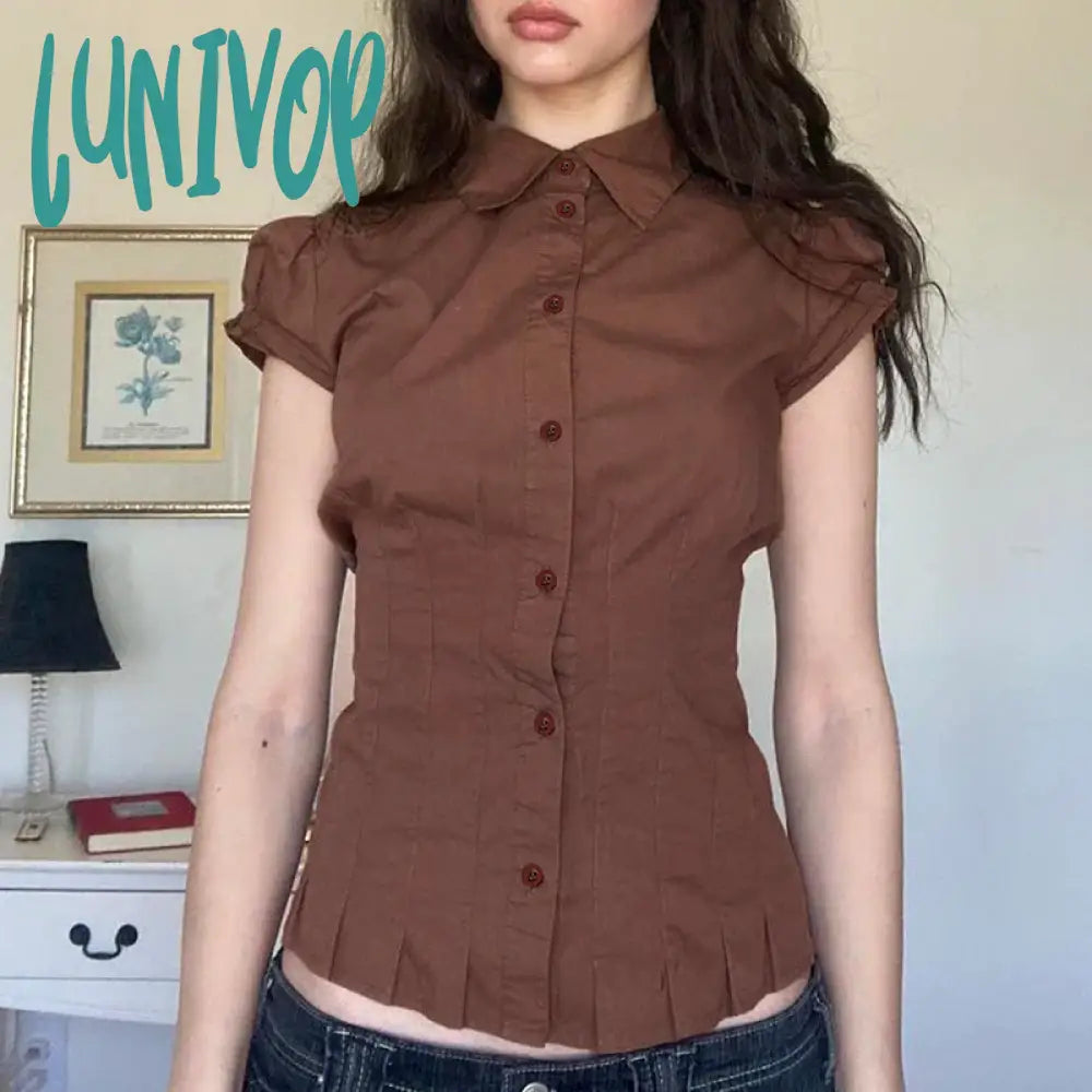 Lunivop Brown Pleated Button T-shirt Women Short Sleeve Fitted Blouses 00s Aesthetic Fairy Y2k Vintage Crop Tops Cottage Tees Fleece Nylon Spandex