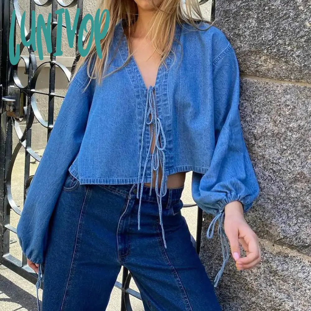 Lunivop Vintage Cottage Long Sleeve V Neck Shirts Spring Fall Blouses Tees 00s Retro Tie-up Front Denim Crop Tops Y2K Aesthetic T-shirt Anti-Pilling Machine Wash Handmade