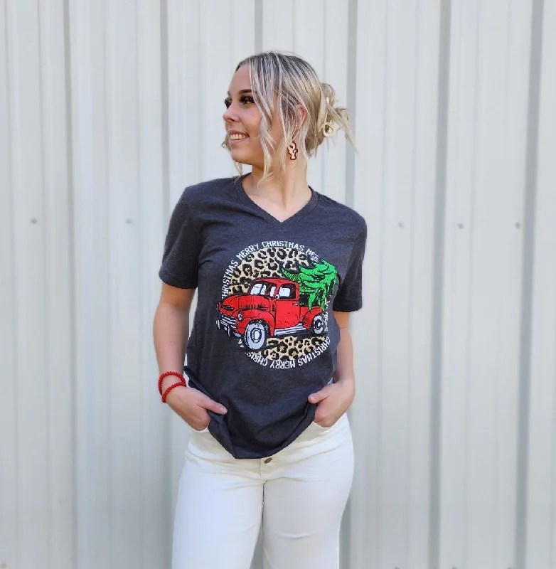 Merry Christmas Old Truck T-Shirt Print Jacquard Patchwork