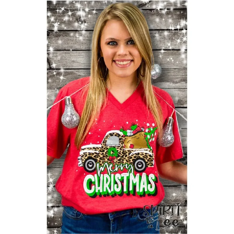 Merry Christmas Truck on Bella+Canvas V-Neck Tee Spandex Blend Rayon Blend Denim Blend