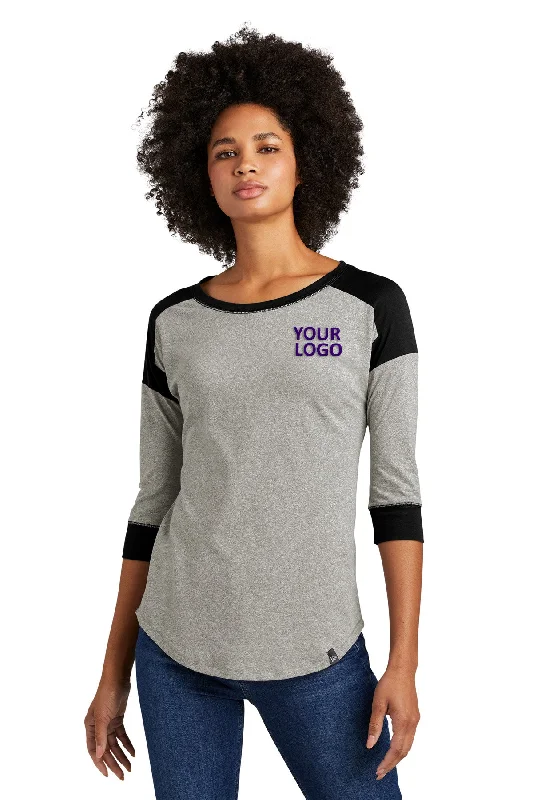 New Era Ladies Heritage Blend 3/4-Sleeve Baseball Printed Tee's, Black/ Rainstorm Grey Heather Fleece Nylon Spandex