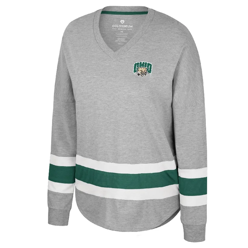 Ohio Bobcats Women's Grey Striped Long-Sleeve Tee Basic T-Shirt Crew Neck Short Sleeve