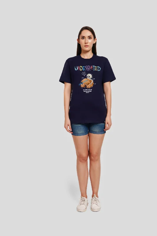 Only Drip Navy Blue Printed T-Shirt Notch Collar Peter Pan Collar Cowl Neck