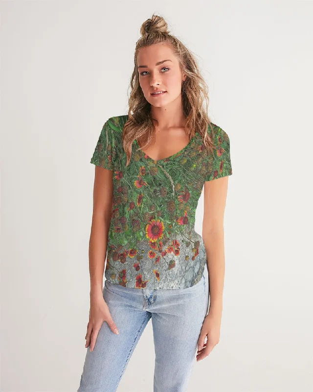Orange Flower Garden Women's V-Neck Tee Spandex Blend Rayon Blend Denim Blend