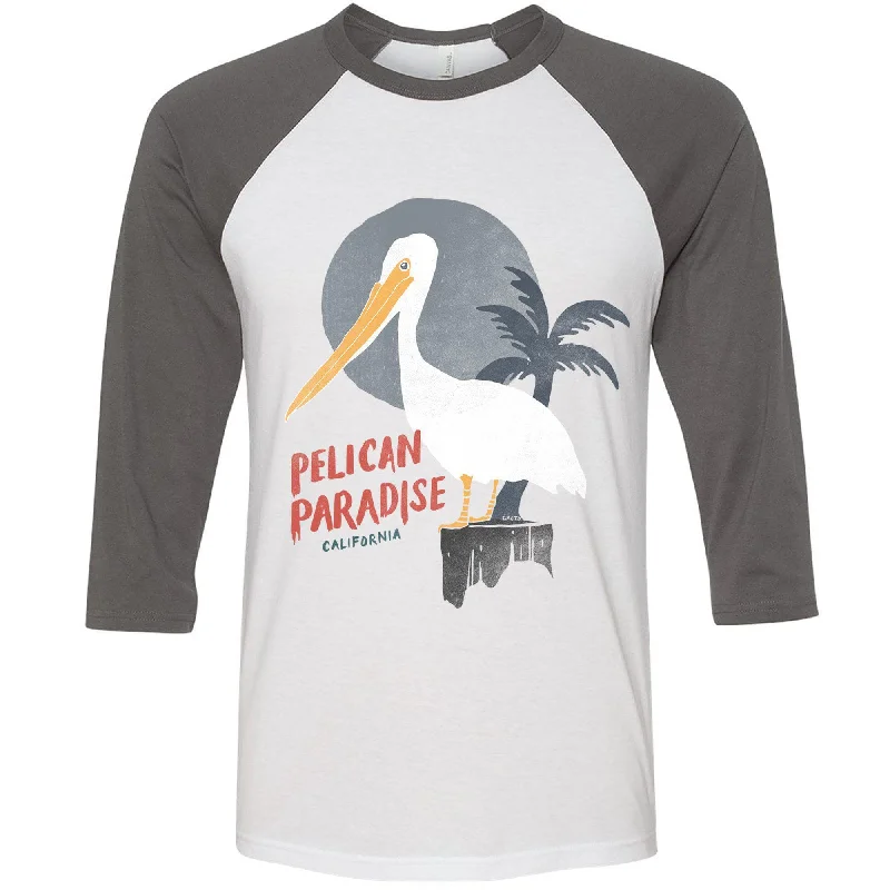 Pelican Paradise Grey Sleeves Baseball Tee Denim Fabric Leather Fabric Suede Fabric