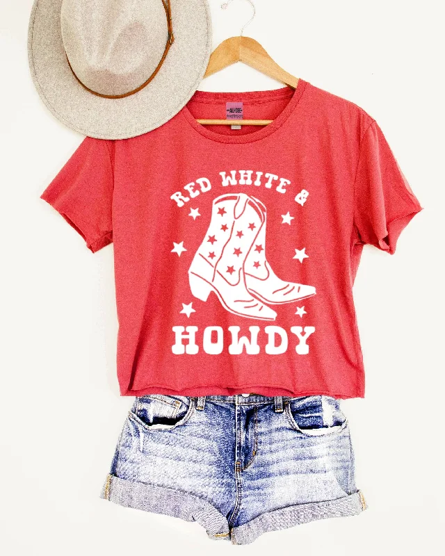 Red White and Howdy Western Graphic Crop Tee Oversized T-Shirt Spandex breathable