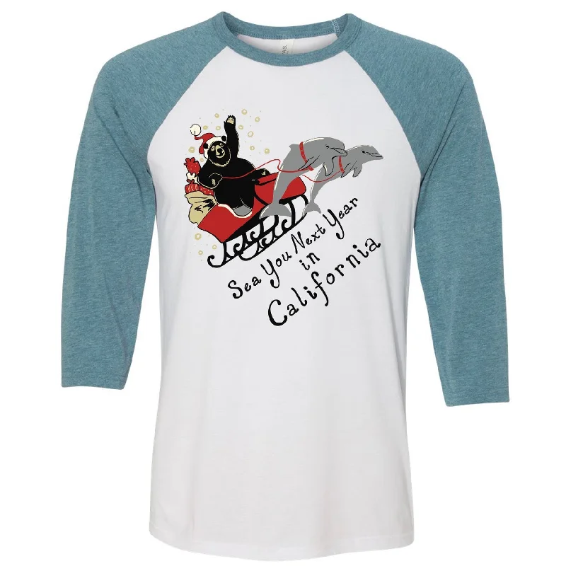 Santa Bear Denim Sleeves Baseball Tee Layered Multi-layer Single Layer