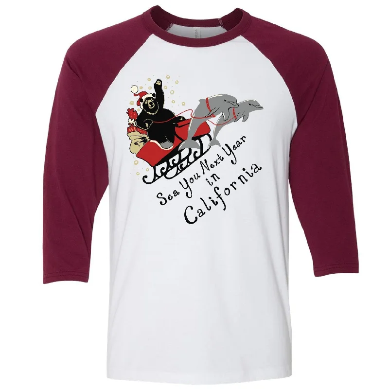 Santa Bear Maroon Sleeves Baseball Tee Modern Contemporary Chic