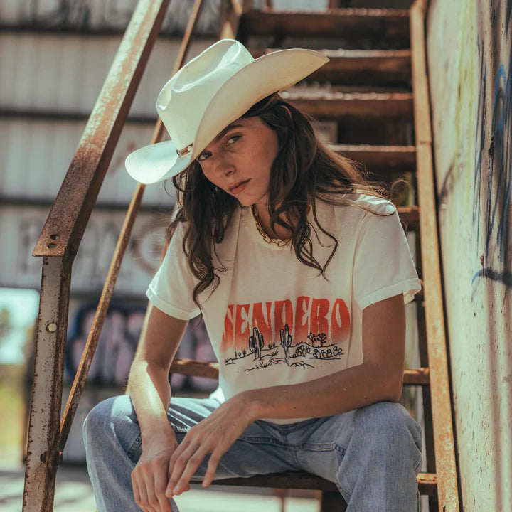 Sendero DESERT DREAMS WOMEN'S CROP TEE - VINTAGE WHITE Welt Pockets Slit Pockets Flap Pockets Sendero DESERT DREAMS WOMEN'S CROP TEE - VINTAGE WHITE Welt Pockets Slit Pockets Flap Pockets