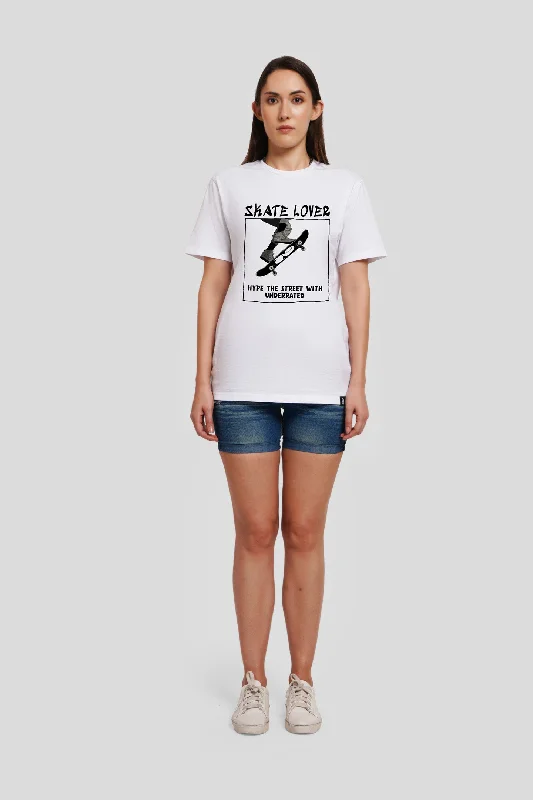 Skate Lover White Printed T-Shirt Women Boyfriend Fit Anti-Shrink Durable Soft
