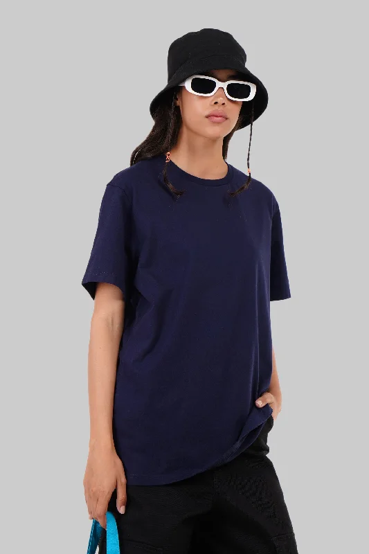 Solid Navy Blue Half Sleeves T-Shirt For Women Boyfriend Fit Striped Floral Plaid