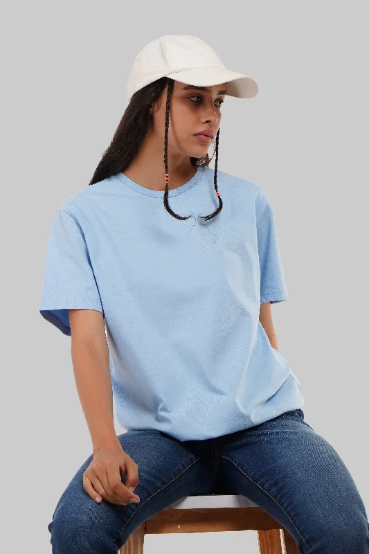 Solid Powder Blue Half Sleeves T-Shirt For Women Boyfriend Fit Print Jacquard Patchwork Solid Powder Blue Half Sleeves T-Shirt For Women Boyfriend Fit Print Jacquard Patchwork