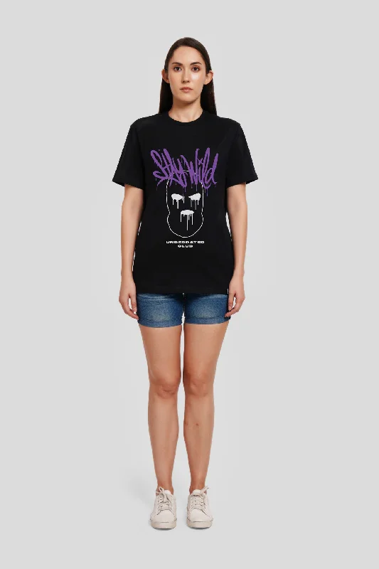 Stay Wild Black Printed T-Shirt Women Boyfriend Fit Mesh Canvas Denim