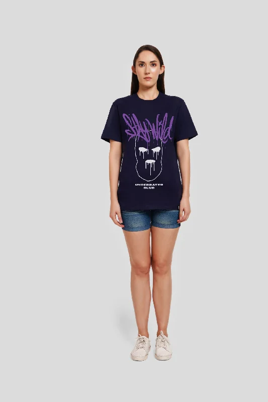 Stay Wild Navy Blue Printed T-Shirt Satin Blend Silk Blend Wool Blend