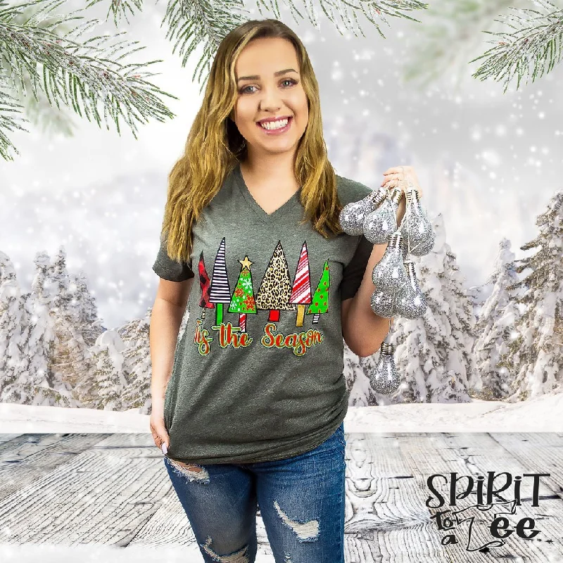 Tis the Season Christmas Trees on Bella+Canvas V-Neck Tee Real Fur Shearling Chenille