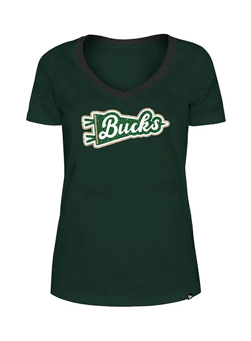 Women's New Era V-Neck Gameday Flag Green Milwaukee Bucks T-Shirt Elasticated Padded Insulated