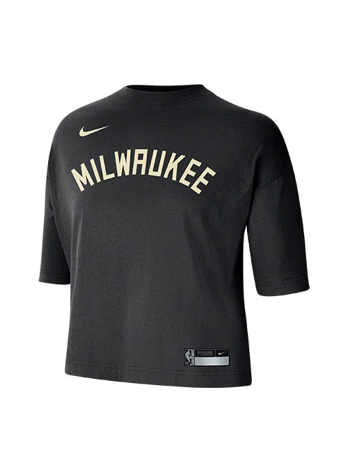 Women's Nike 2022 Statement Edition Courtside Boxy Milwaukee Bucks Crop T-Shirt Iron Safe Non-Iron Wrinkle Free