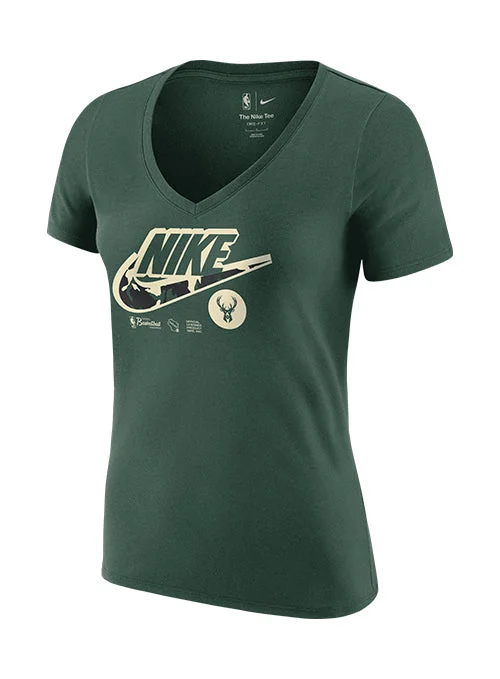 Women's Nike Dri-FIT Essential Logo Fir Milwaukee Bucks V-Neck T-Shirt Cozy Warm Stylish