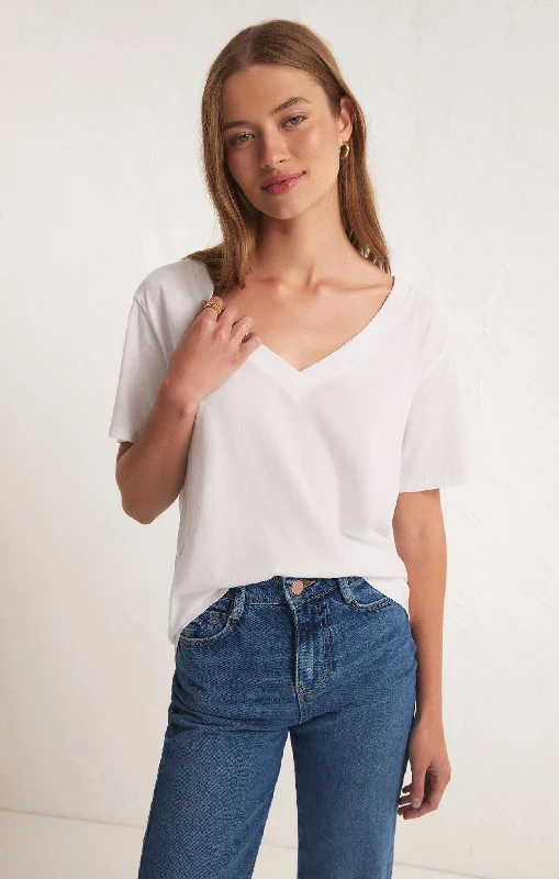 Z Supply Girlfriend V Neck Tee - WHITE Lace Blend Ribbed Blend Corduroy Blend