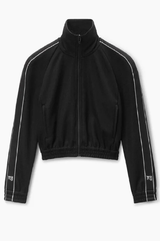 alexanderwang.t Cropped Track Jacket with Logo Tape - Black One-Shoulder Jacket Off-the-Shoulder Jacket Asymmetrical Jacket alexanderwang.t Cropped Track Jacket with Logo Tape - Black One-Shoulder Jacket Off-the-Shoulder Jacket Asymmetrical Jacket