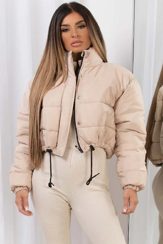 Beige Crop Puffer Jacket Satin Fabric Silk Fabric Chiffon Fabric