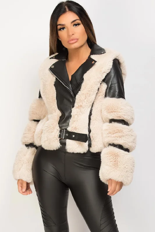 Beige Faux Fur Faux Leather Aviator Jacket Black Welt Pockets Slit Pockets Flap Pockets