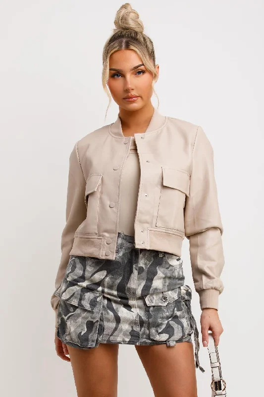 Beige Faux Leather Bomber Jacket Wool Jacket Cashmere Jacket Tweed Jacket