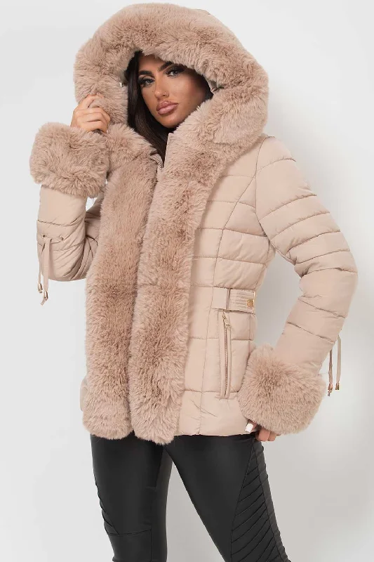 Beige Puffer Jacket With Faux Fur Hood And Cuff Print Jacket Jacquard Jacket Embroidered Jacket Beige Puffer Jacket With Faux Fur Hood And Cuff Print Jacket Jacquard Jacket Embroidered Jacket
