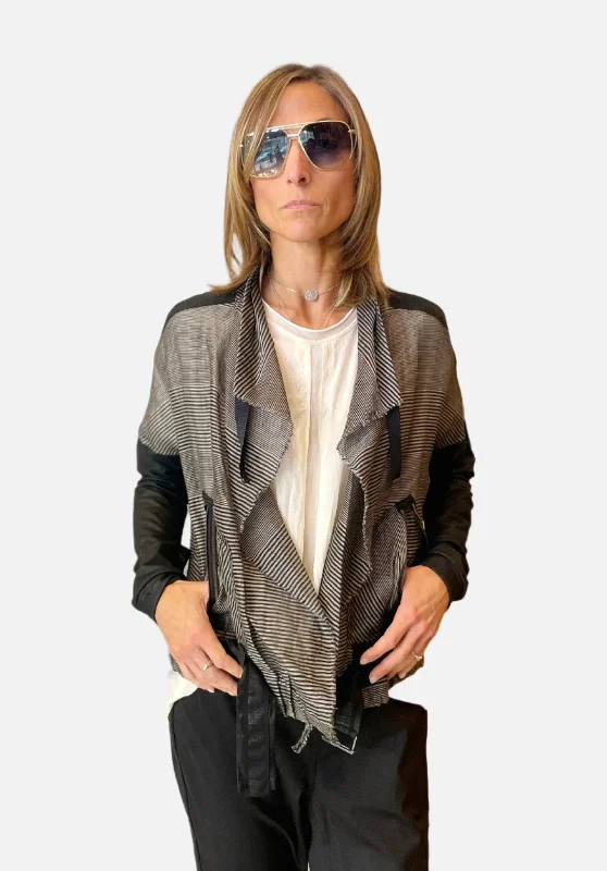Belted Jacket - Black Grey Stripe Hooded Jacket Caped Jacket Shawl Collar Jacket