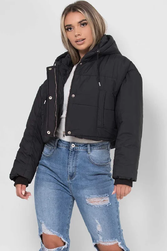 Black Crop Puffer Jacket With Hood Wool Jacket Cashmere Jacket Tweed Jacket